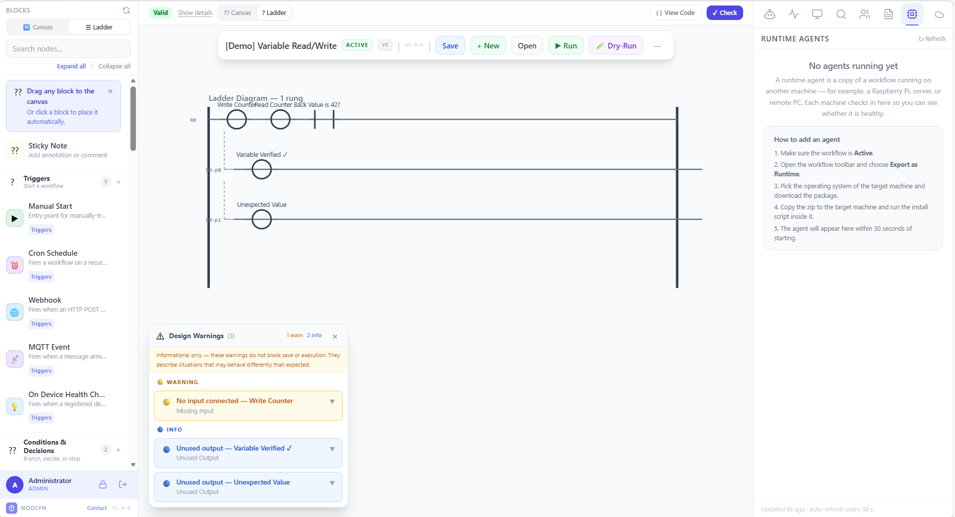 Runtime agents panel showing how to deploy and monitor agents on remote machines