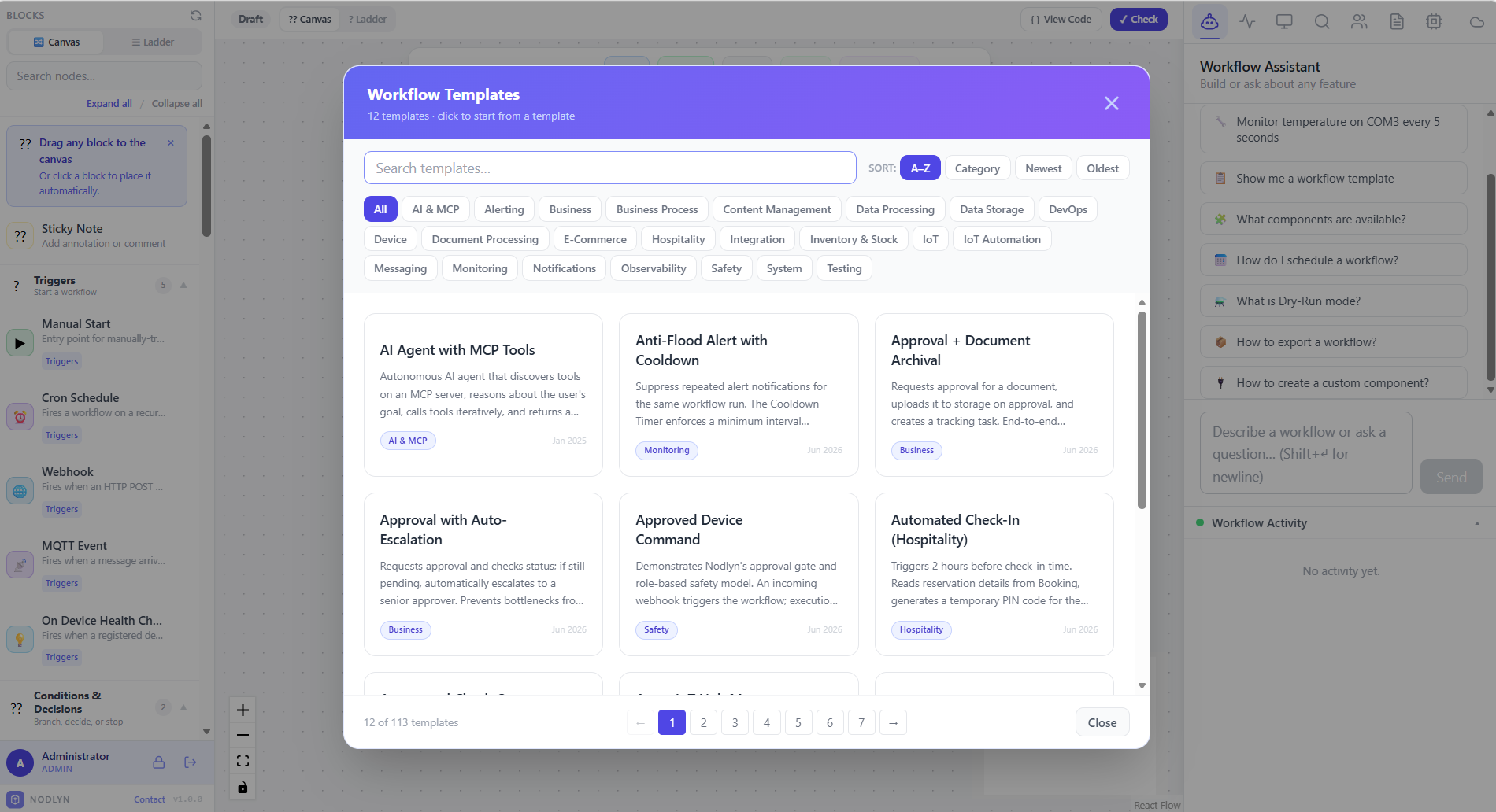 Template library showing 113 ready-made workflow templates with category filters