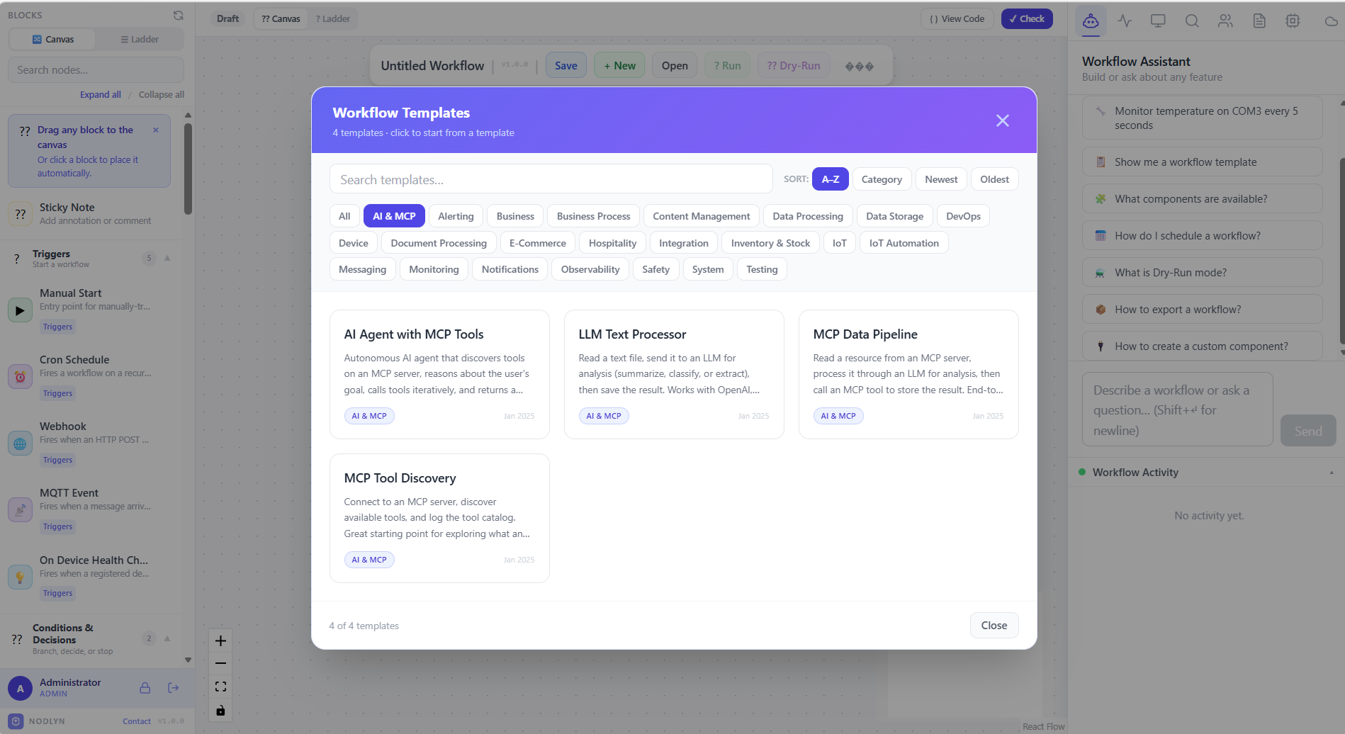 AI and MCP templates including AI Agent with MCP Tools, LLM Text Processor