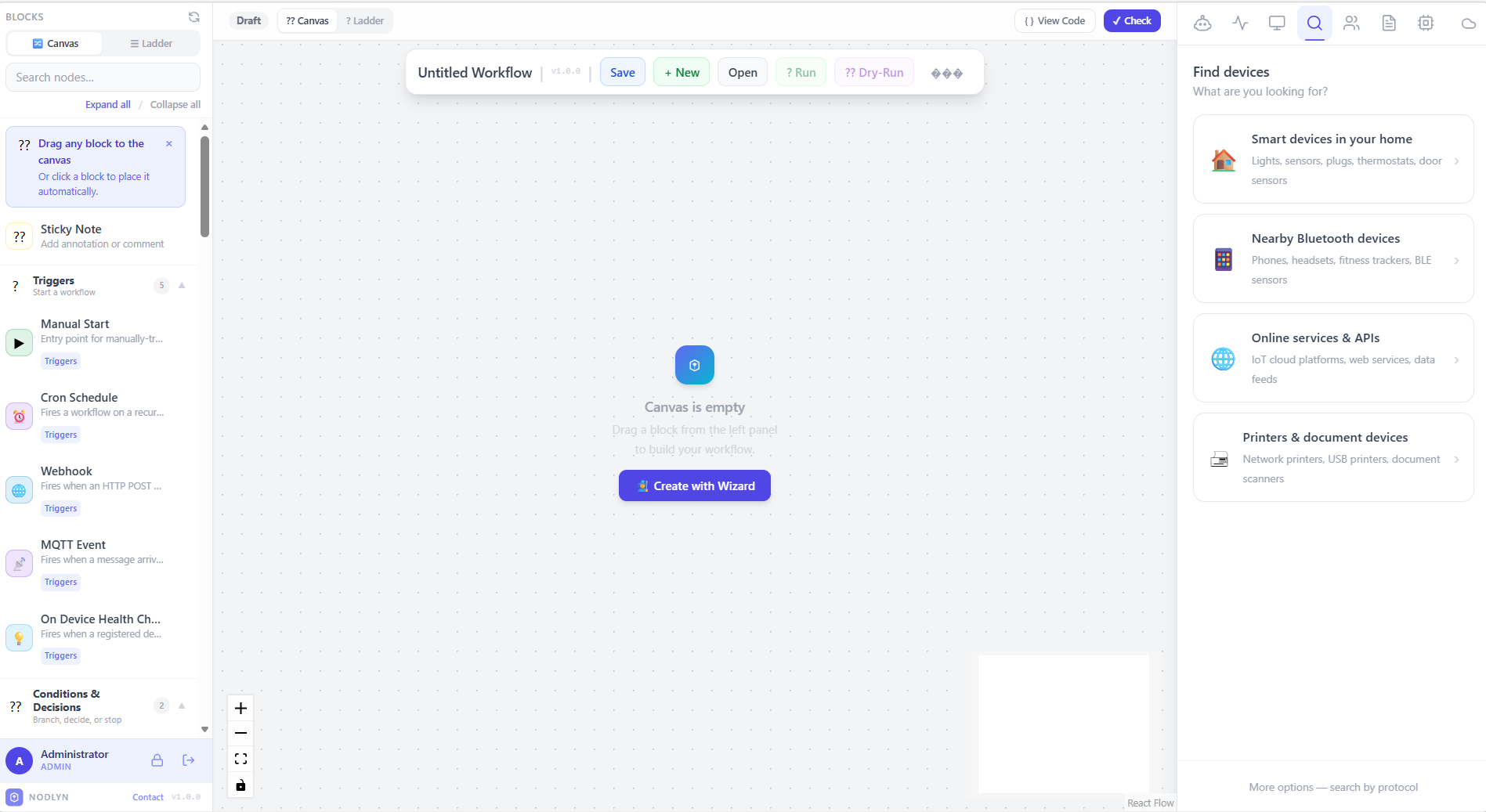 Empty canvas with Create with Wizard button and device discovery panel