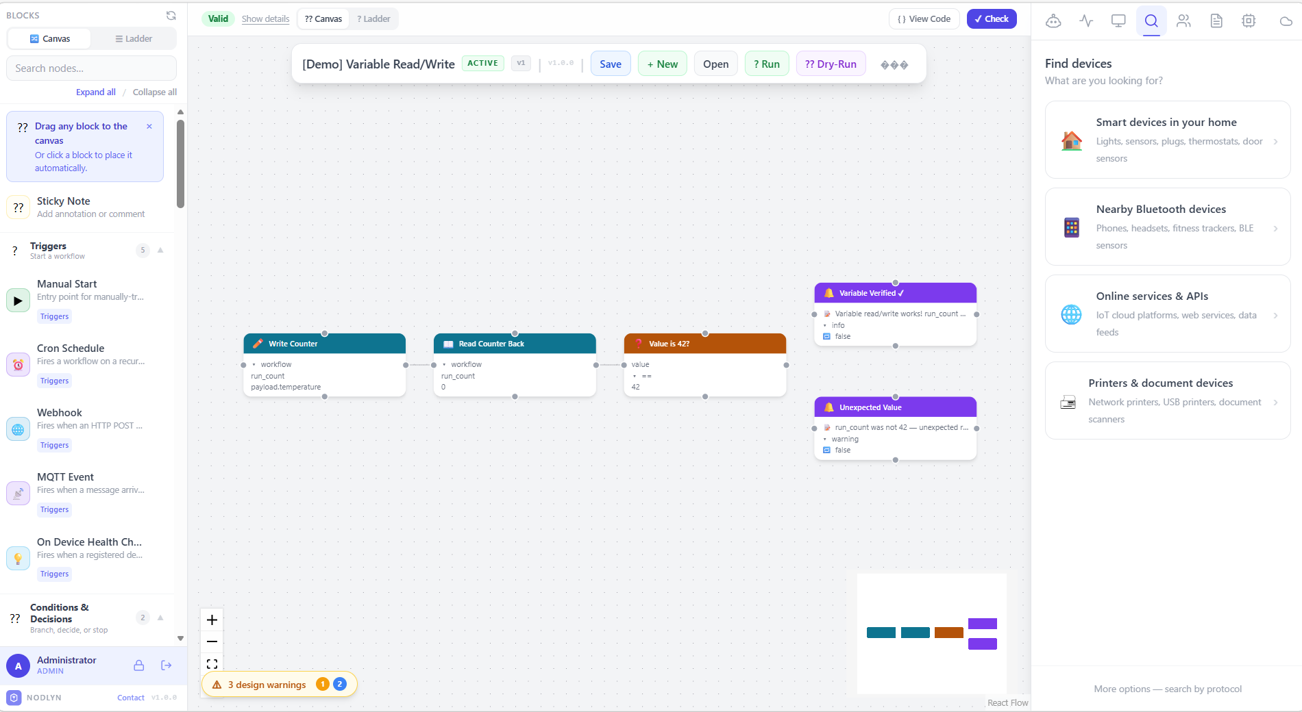 Workflow canvas with connected nodes showing validation results and data flow