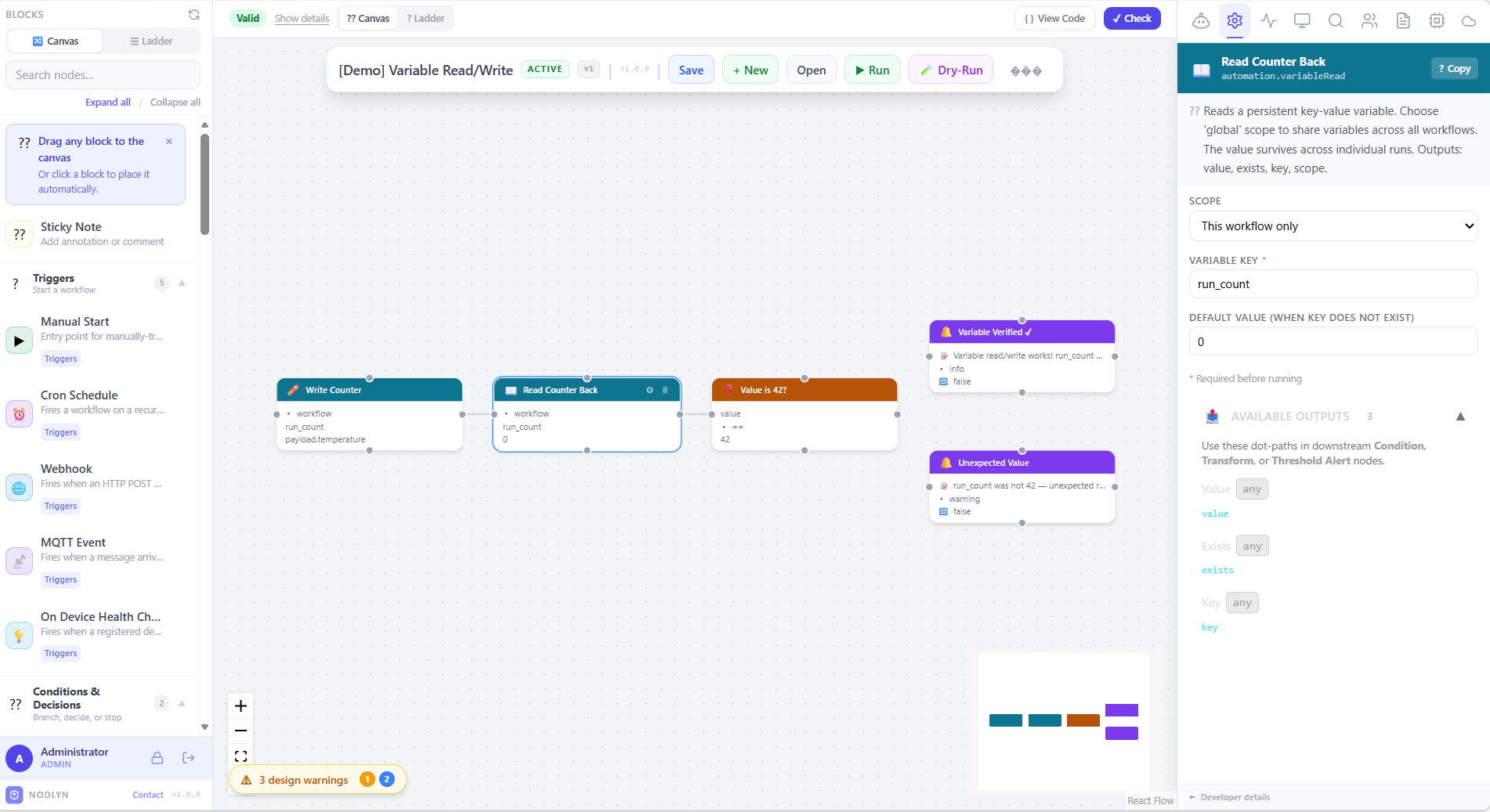 Node inspector panel showing configuration fields, scope selection, and available outputs